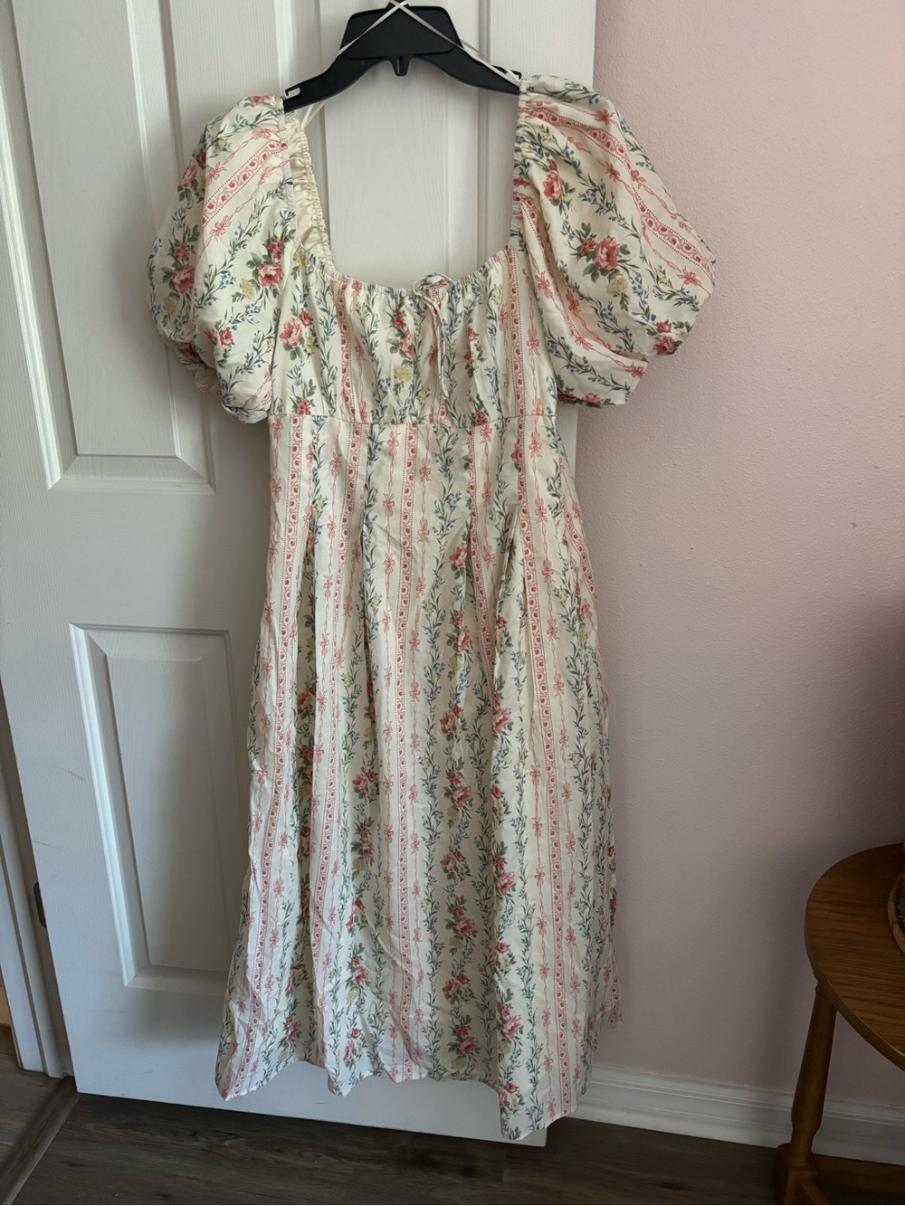 Storia Cream Midi Dress with Pink Floral Stripe Print